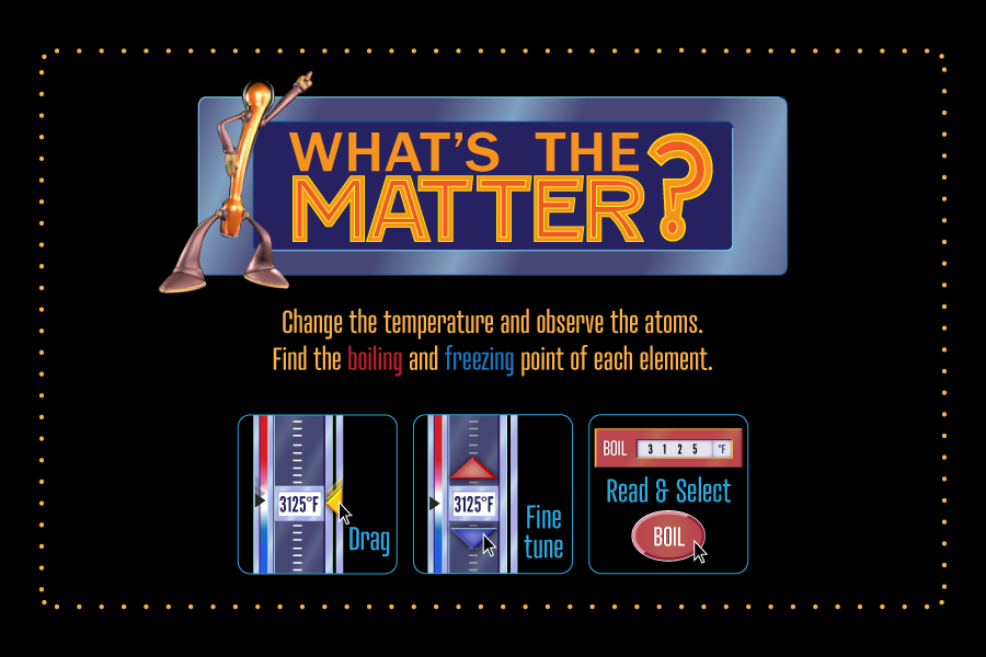 Change the temperature and observe the atoms. Find the boiling and freezing point of eah element.